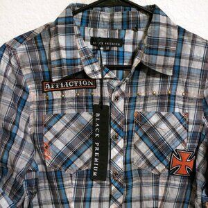 Affliction Shirt Mens Medium New Black Premium Long Sleeve Button Blue